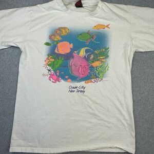 Vintage 1993 Native Sun Ocean City‎ New Jersey Fish Glitter T-Shirt White Large